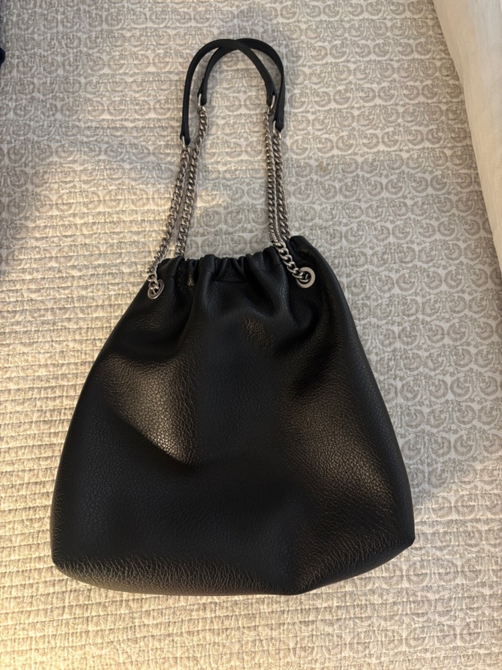 Black Drawstring Shoulder Bag with Chain Straps